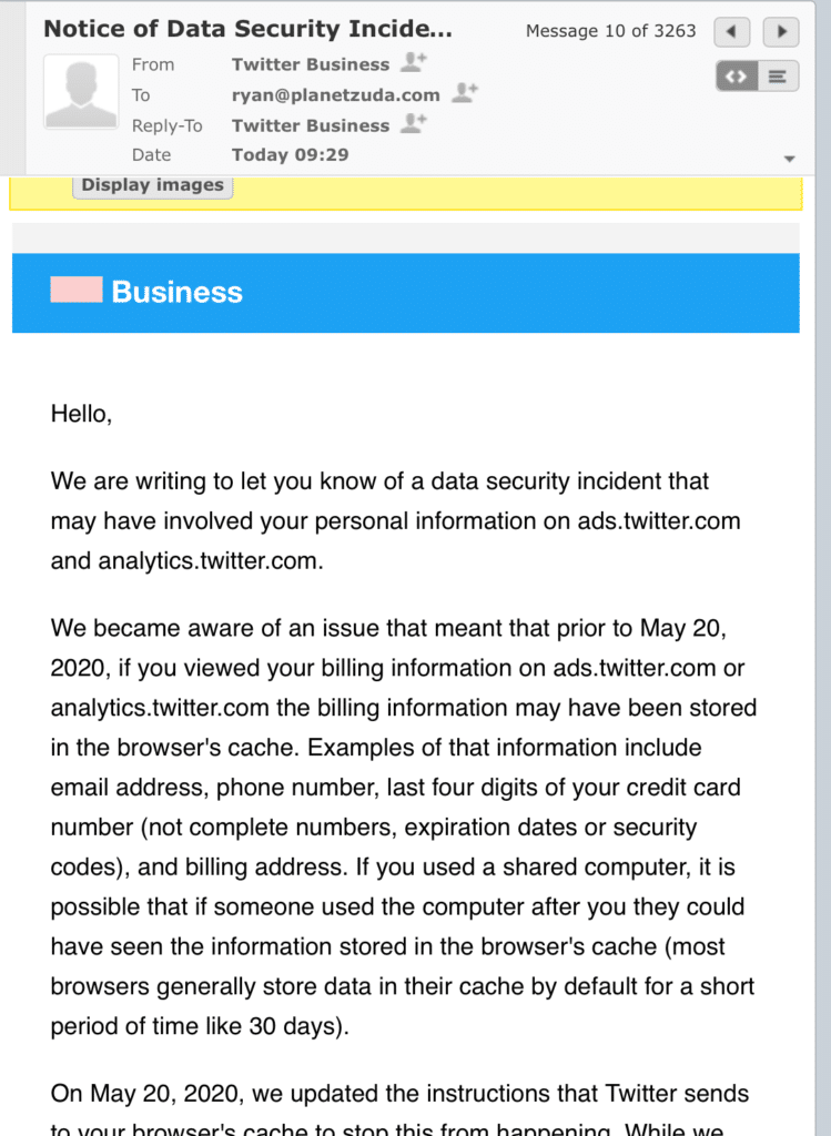 Twitter email about data leak